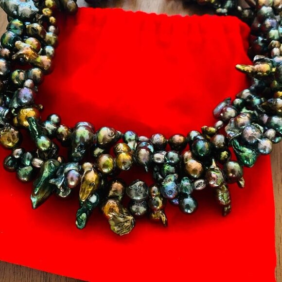 Vintage Peacock Baroque Freshwater Pearls Statement Necklace 18" - Picture 5 of 6